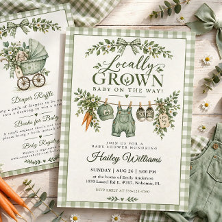 Locally Grown Sage Green Gingham Baby Shower Invitation
