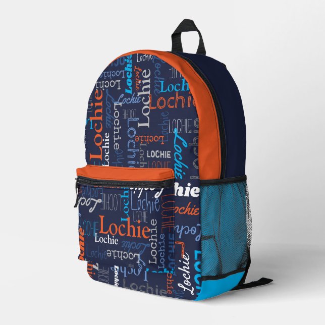 Lochie personalized name blue grey orange  printed backpack (Back Corner Right)