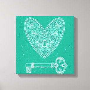 Locked Heart and Key on Emerald Green Background Canvas Print
