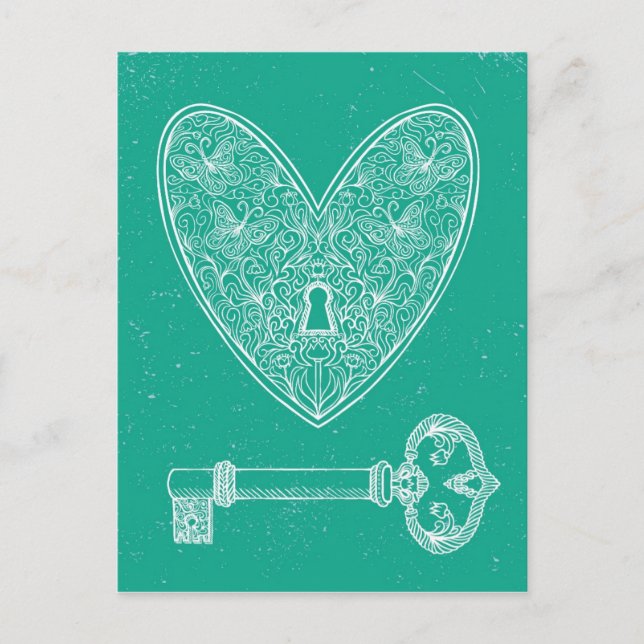 Locked Heart and Key on Emerald Green Background Postcard (Front)