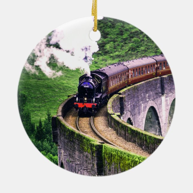 Locomotive Train on Bridge Ceramic Ornament (Back)