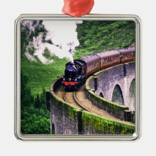 Locomotive Train on Bridge Metal Ornament