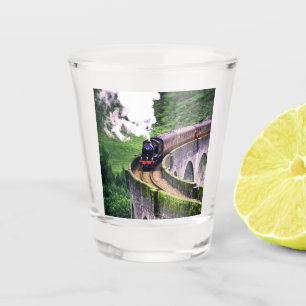 Locomotive Train on Bridge Shot Glass