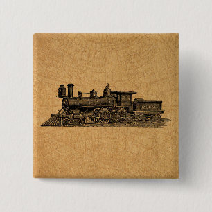 Locomotive Train Vintage Steam Engine & Map Style 2 Inch Square Button
