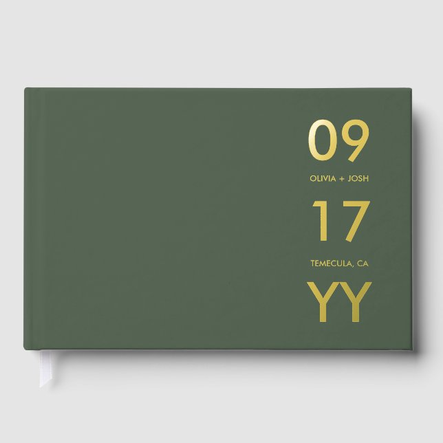 Loden Green Foil Modern Wedding Date Typography Guest Book (Front)