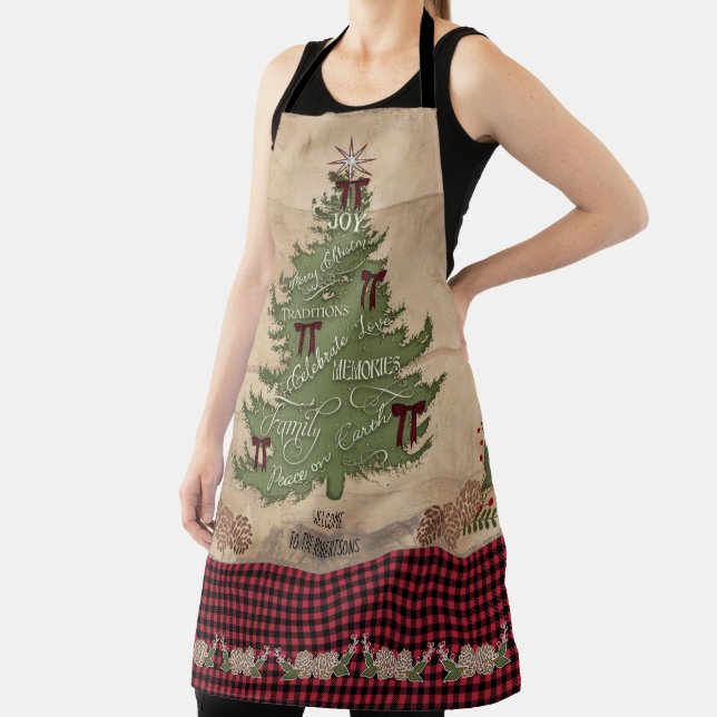 Lodge Christmas Tree Typography Wood Buffalo Check Apron (Insitu)