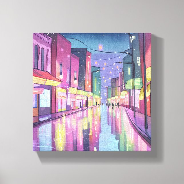 Lofi City Night Lights | Colourful Watercolor Canvas Print (Front)