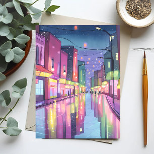 Lofi City Night Lights   Colourful Watercolor Postcard