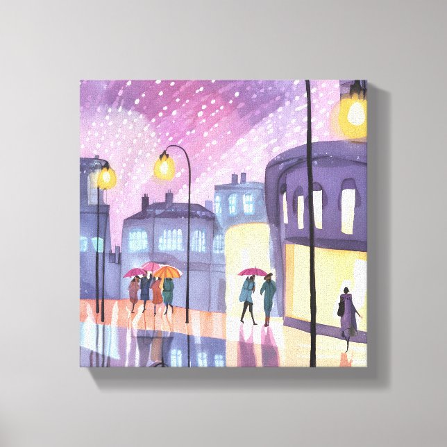 Lofi Rainy Walk | Colourful City Lights Watercolor Canvas Print (Front)