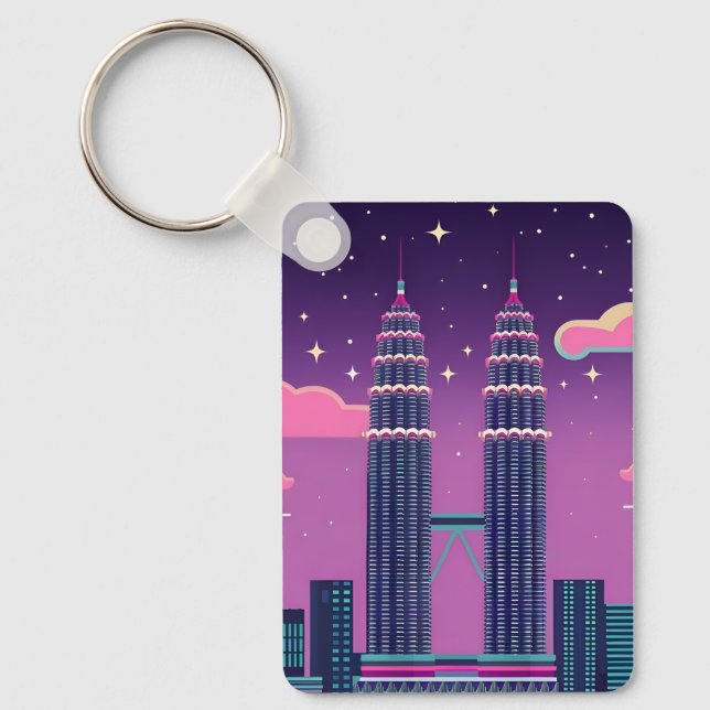 LoFi Vaporwave Retro 80s Petronas Towers Malaysia Keychain (Front)