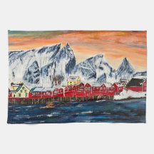 Lofoten Fishing Village Fine Art Kitchen Towel