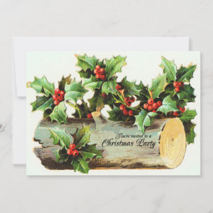 Log and Holly berries -vintage christmas party inv Invitation