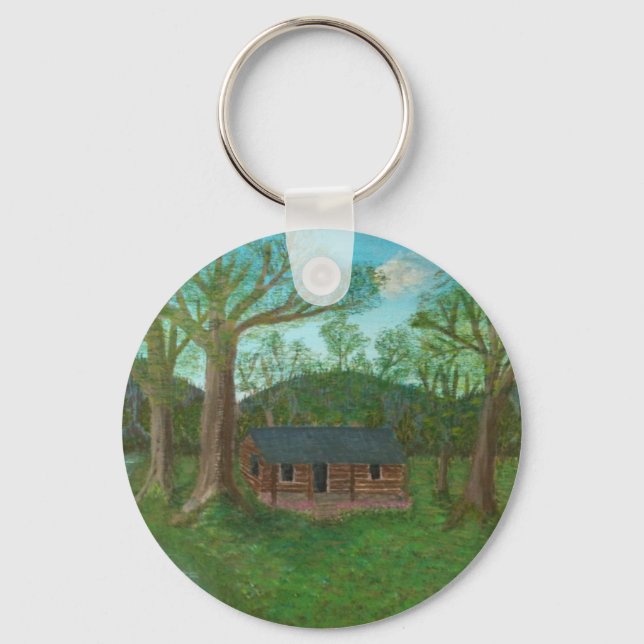 Log Cabin and Trees Keychain (Front)