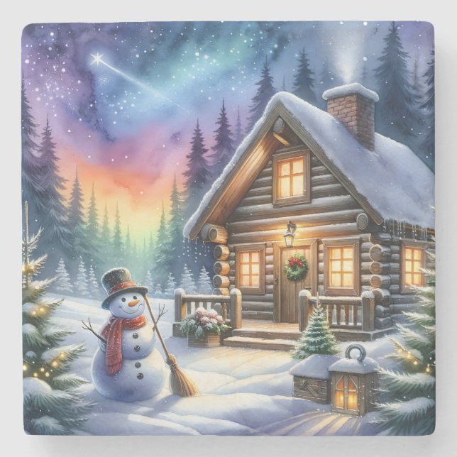 Log Cabin - Christmas Stone Coaster (Front)