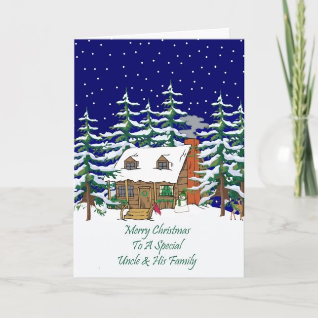 Log Cabin Christmas Uncle & Family Holiday Card (Front)