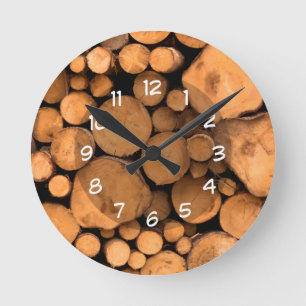 Log Cabin Country Log Wood Pattern Round Clock