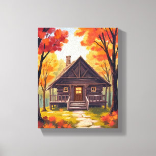Log Cabin   Fall Foliage Forest Watercolor Canvas Print