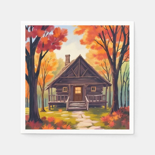 Log Cabin | Fall Foliage Forest Watercolor Napkin (Front)