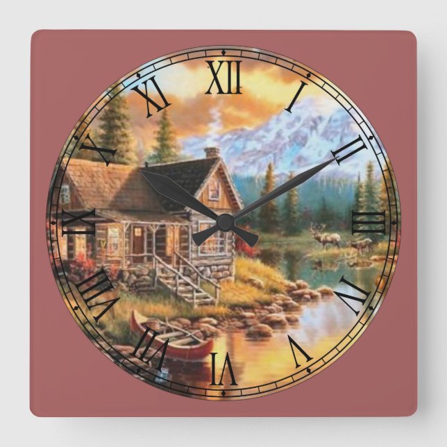 Log Cabin Fine Art Roman Numeral Square Wall Clock (Front)