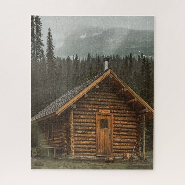 LOG CABIN HOUSE IN ROCKY MOUNTAINS JIGSAW PUZZLE (Vertical)