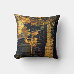 Log Cabin in Autumn Throw Pillow