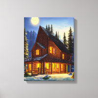 Log Cabin In The woods Snow landscape Art