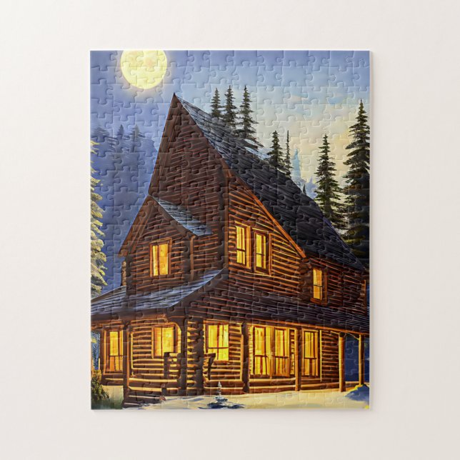 Log Cabin In The woods Snow landscape Art  Jigsaw Puzzle (Vertical)