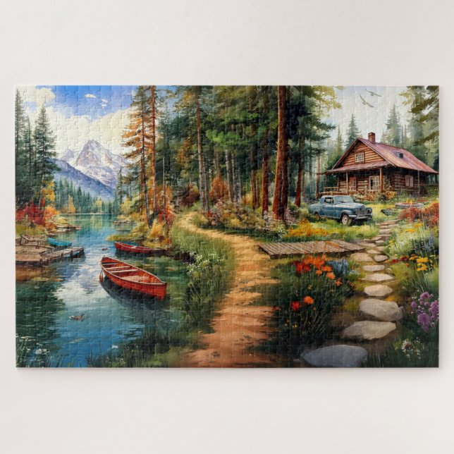 Log Cabin in the Woods Watercolor Jigsaw Puzzle (Horizontal)
