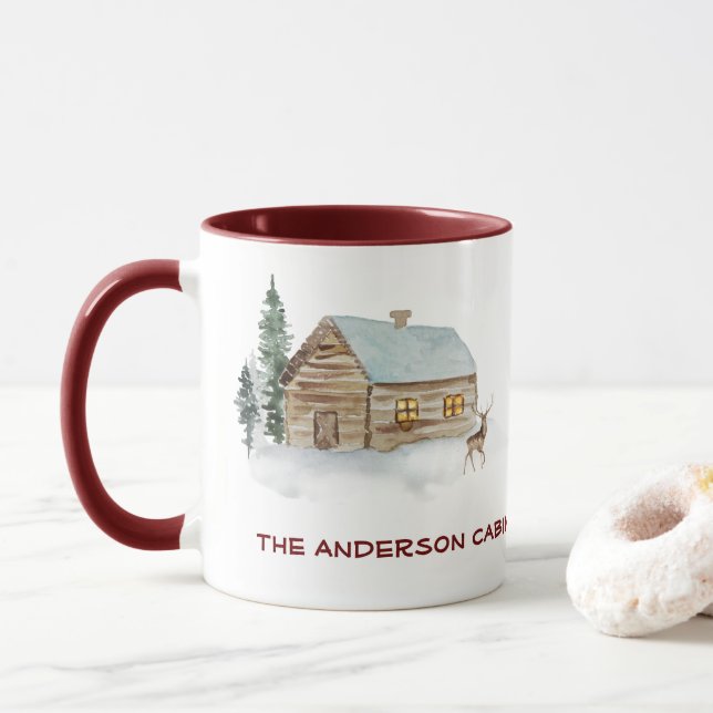 Log Cabin Lake House Deer Woods Custom Text Mug (With Donut)