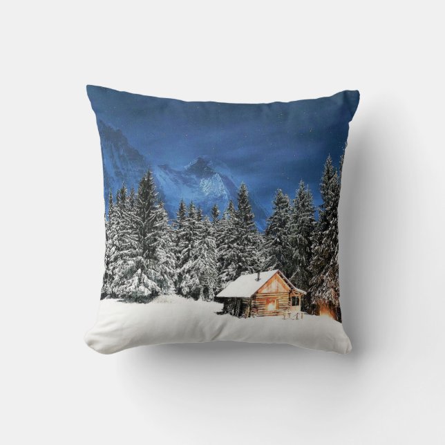 Log Cabin Mountain View Throw Pillow (Front)