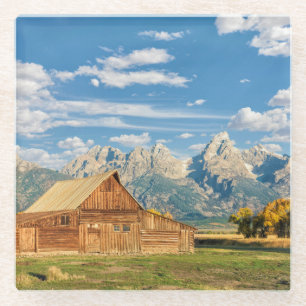 Log Cabin Near Mountain Range Glass Coaster