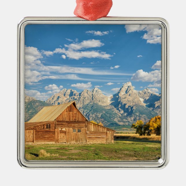 Log Cabin Near Mountain Range Metal Ornament (Front)