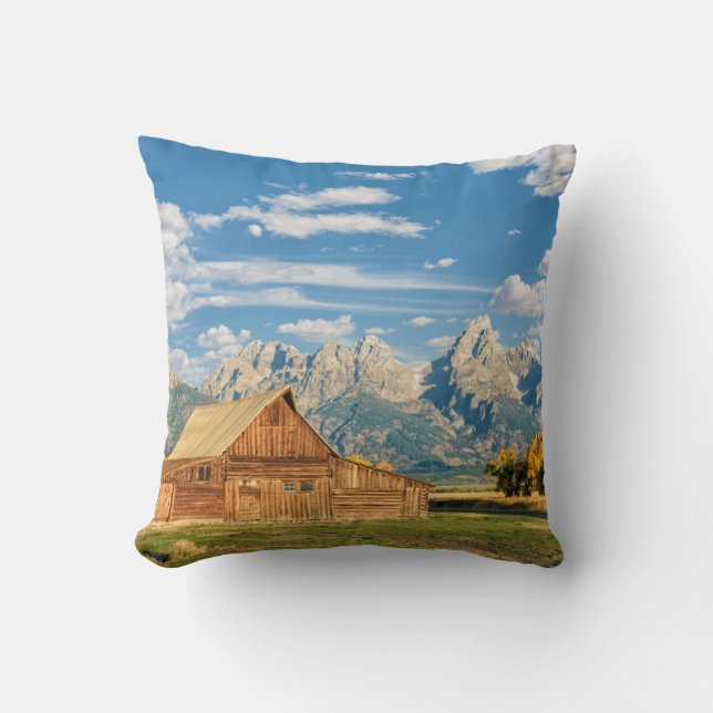 Log Cabin Near Mountain Range Throw Pillow (Front)