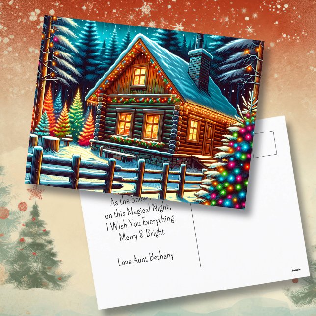 Log Cabin on Christmas Eve Personalized Postcard (Creator Uploaded)