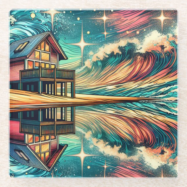 Log Cabin on the Beach Ai Art   Glass Coaster (Front)