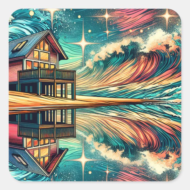 Log Cabin on the Beach Ai Art Square Sticker (Front)