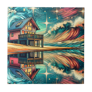 Log Cabin on the Beach Ai Art   Tile
