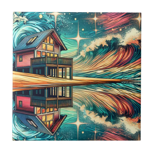 Log Cabin on the Beach Ai Art   Tile (Front)