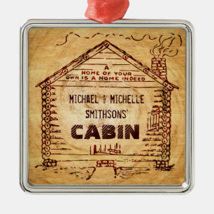 Log Cabin Personalized Faux Wood Metal Ornament