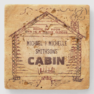 Log Cabin Personalized Faux Wood Stone Coaster