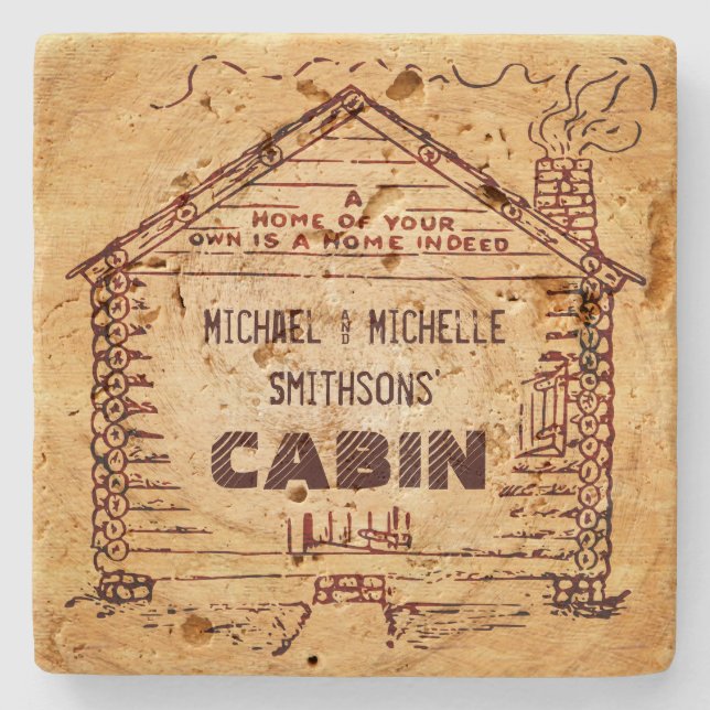 Log Cabin Personalized Faux Wood Stone Coaster (Front)