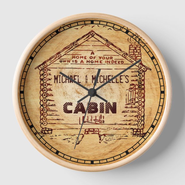 Log Cabin Personalized Faux Wood Wall Clock (Front)