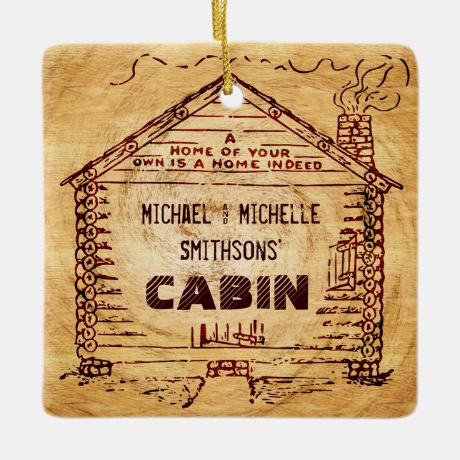 Log Cabin Personalized Faux Wood Your Name 2 Sides Ceramic Ornament (Front)