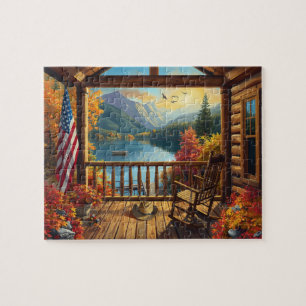 Log Cabin Porch Autumn Mountain Lake View Jigsaw Puzzle