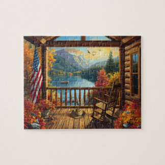 Log Cabin Porch Autumn Mountain Lake View Jigsaw Puzzle