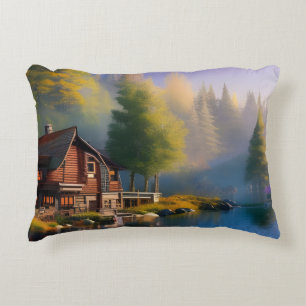 Log Cabin Retreat on the water Accent Pillow