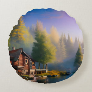 Log Cabin Retreat on the water Round Pillow