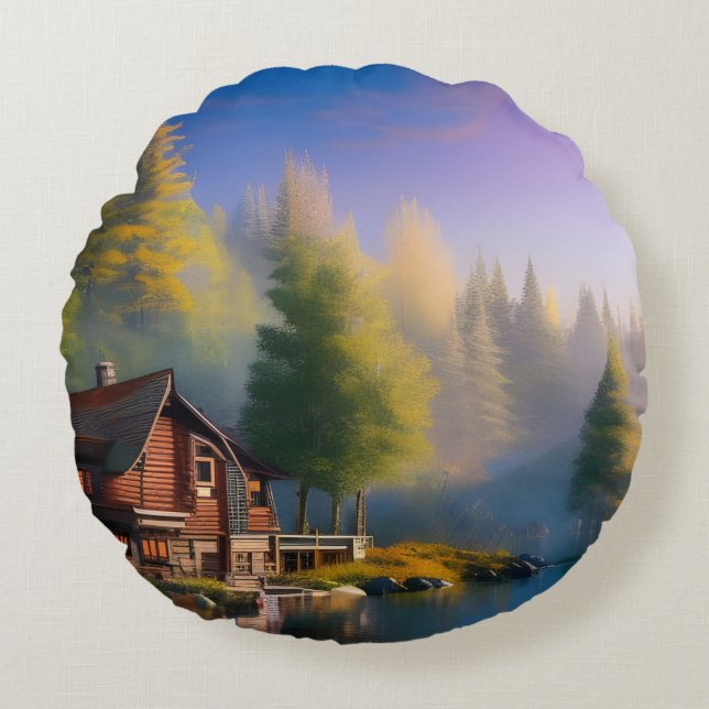 Log Cabin Retreat on the water Round Pillow (Front)
