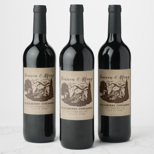 Log Cabin Rustic Wedding Wine Bottle Wine Label (Bottles)