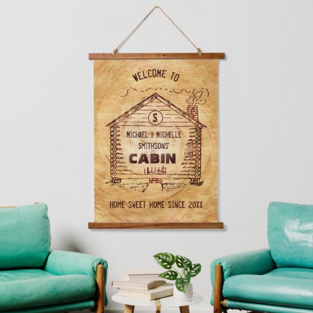 Log Cabin Rustic Wood Look | Personalized Welcome Hanging Tapestry (Living Room)